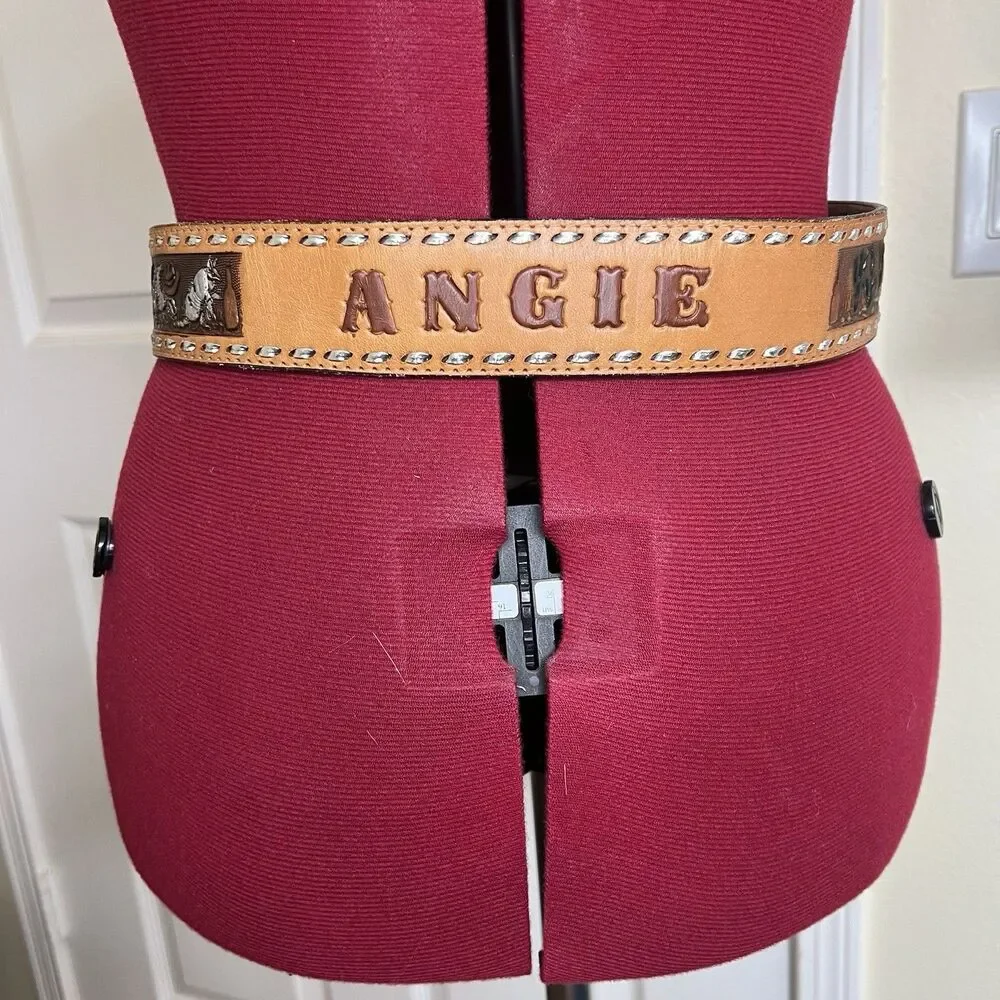 Vtg‎ Circle Y Womens Western Animal Scene Stamped Angie Tooled Belt Leather 32